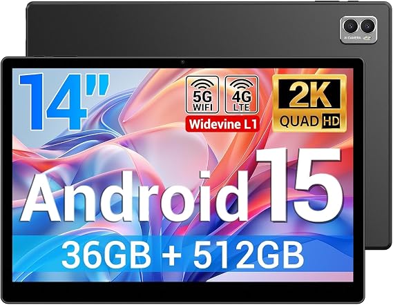 14‑Inch Android 15Tablet, Octa‑Core,36GB RAM+512GB ROM, 2TB TF Expandable, 11580mAh 20W Fast Charging, 13+8MP Camera, Face ID, BT5.0, with Stylus Pen