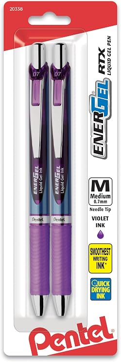 Pentel Gel Ink Pen, EnerGel RTX Retractable Gel Pen, 0.7mm, Needle Tip, Violet Ink, 2 Pack (BLN77BP2V)