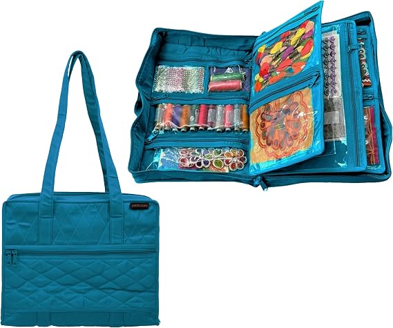 Yazzii Quilters Project Bag with 19 Pockets - Portable Storage Bag Organizer - Multipurpose Storage Organizer for Quilting, Patchwork, Embroidery, Needlework, Papercraft & Beading-Aqua