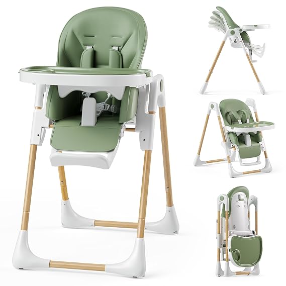 Kinder King Foldable High Chair for Babies and Toddlers, Reclining Seat | Baby Feeding High Chair with 6 Heights, Removable Double Tray, Space-Saving Compact Fold, 2 Built-in Wheels, Easy to Clean