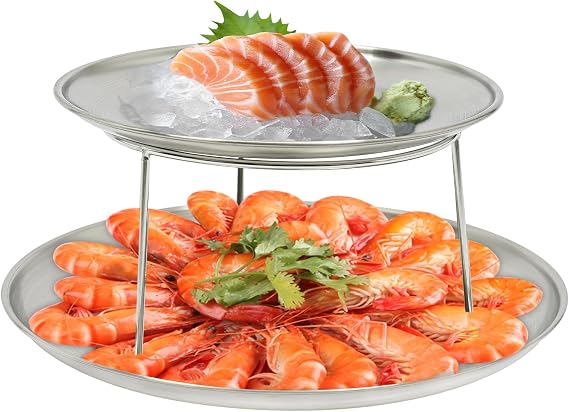 2-Tier Seafood Plate,Silver Round Tray with Bracket,Seafood Tower Food Platter Tray for Restaurant Buffet Wedding Party Platter