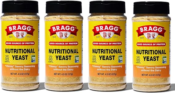 Bragg Nutritional Yeast Seasoning Vegan, Gluten Free Cheese Flakes Good Source of Protein & Vitamins Nutritious Savory Parmesan Cheese Substitute Non GMO Verified, 4.5 Ounce, 4-Pack