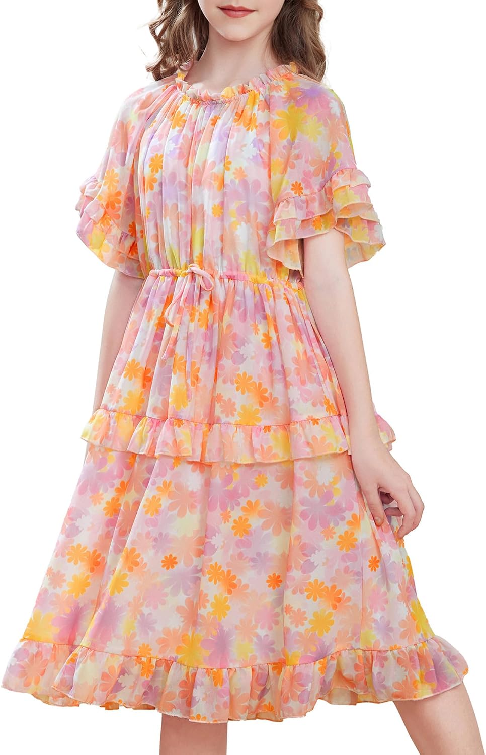 GRACE KARIN Girls Summer Day Dress Floral Short Sleeve Party Fancy Spring Flowy A-Line Dress Orange 10Y