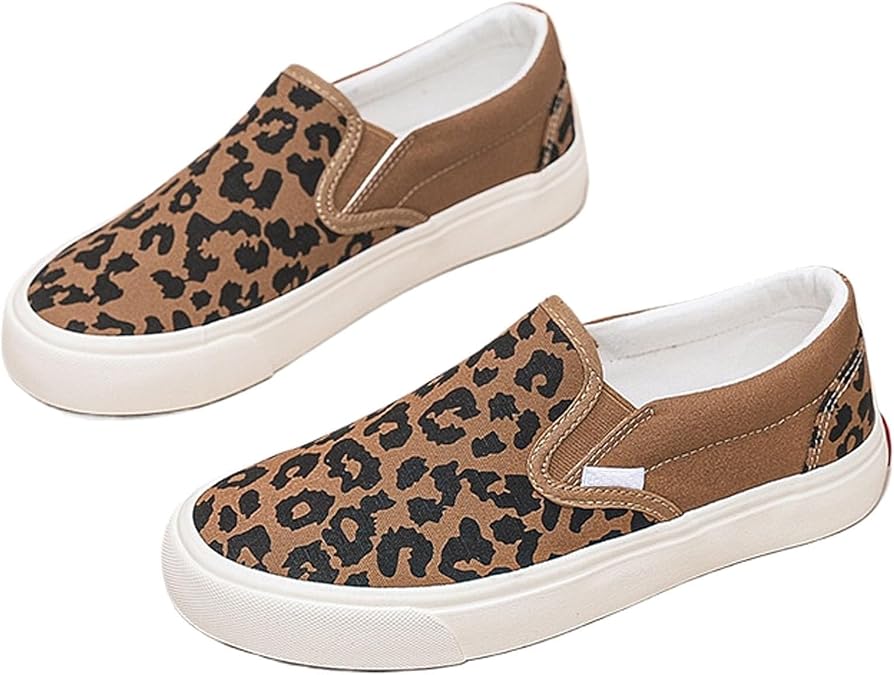 Womens Slip On Sneakers, Fashion Leopard Print Flats Lightweight Boat Shoes Breathable Canvas Flats Shoes Walking Loafers
