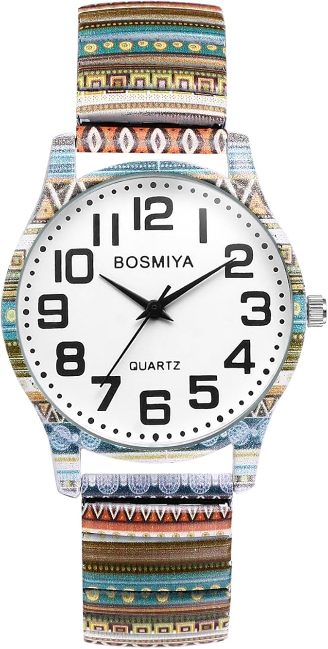 OIDEA Stretch Band Watches for Women: Bohemia Easy Reader Elastic Watch Large Face Big Number Analog Quartz Bracelet Watch Expansion Band Wristwatch