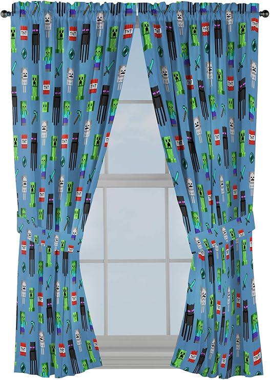 Jay Franco Kids Window Drapes - 4 Piece Curtain Set Includes 2 Tiebacks, Beautiful Bedding Room Decor and Easy Set Up, Blue - Minecraft, 63 Inch