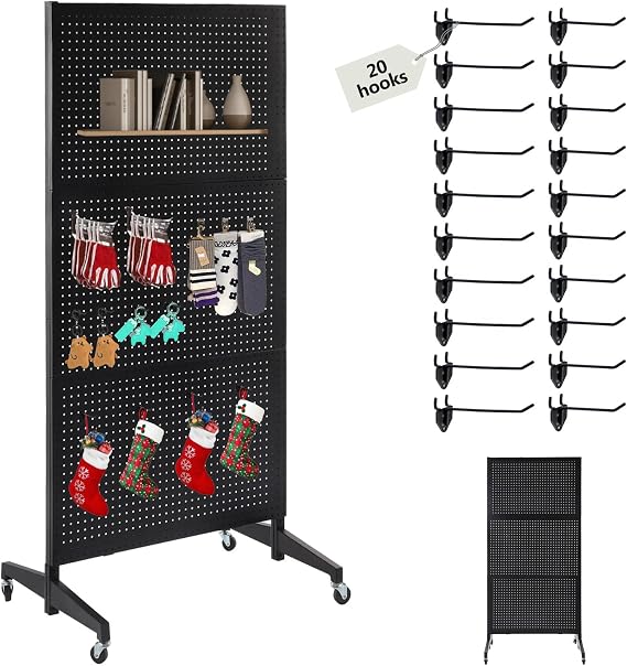 3'x 6' Black Pegboard Panels Display Stand with T-Base, Metal Peg Board Organizer Panels Display Rack With Wheel, Craft Fair Display Rack, Art Display Stand, Retail Display, Extra 20 pieces Hooks