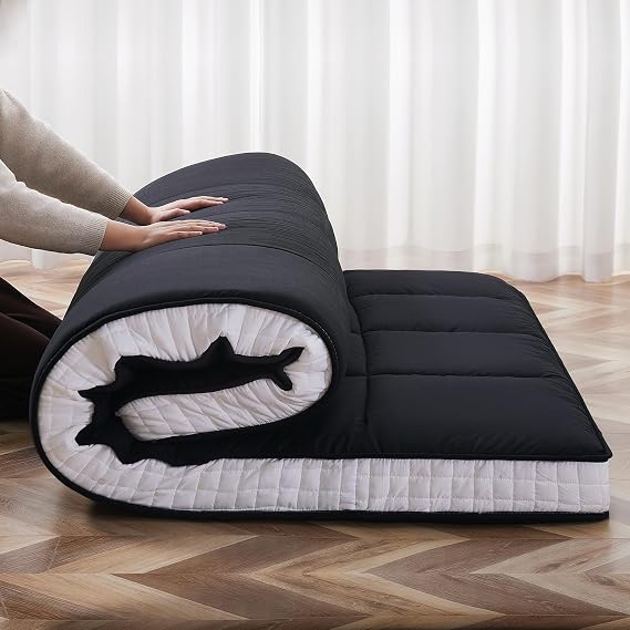 Full Size Futon Mattress -4in Extra Thick Foldable Japanese Floor Mattress - Super Soft Fuzzy Sleeping Pad for Adults - Tatami Mat Suitable for Camping & Guest & RV Mattress- Sherpa Black