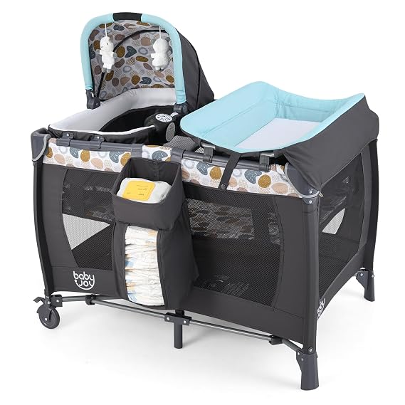 BABY JOY 5 in 1 Pack and Play, Portable Baby Playard w/Bassinet & Diaper Changing Table, Bag, Infant Bassinet Crib Activity Center for Baby Toddlers Indoor Outdoor (Blue, Dot Circle)