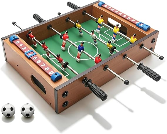Table Football, 13.5'' Mini Foosball Table Soccer Tabletop Football w/ 2 Footballs and Soccer Keepers, Wooden Tabletop Foosball Game Accessories for Family Play Indoor & Outdoor