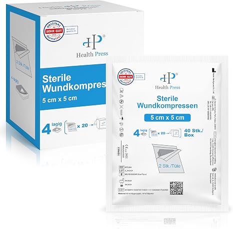 Health Press Sterile Kompressen 5 x 5 cm 40 Wundkompressen (20 x 2 Stück) Verbandsmaterial für Wundversorgung Mullkompressen 4-lagig Wundauflagen Steril Verband Set Dermatologisch getestet