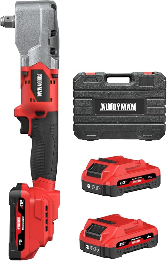 Alloyman 20V Brushless Right Angle Impact Wrench, 207 Ft-lbs(280N.M),1/2'' High Torque Cordless Power Tool with 22.0Ah Batteries, LED Light, 2-Speed Control, Compact 90 Design for Tight Spaces