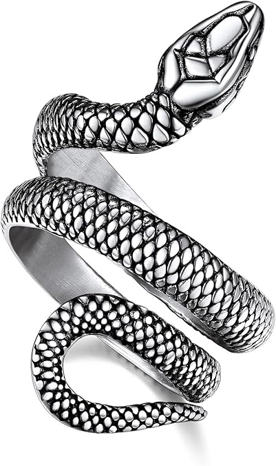 Bestyle Punk Gothic Snake Rings for Men Women, Stainless Steel/Gold/Black Serpent Finger Wrap Ring, Cool Statement Biker Rings Retro Costumes Jewelry, Size #7-#12