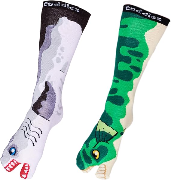 Coddies Two Toe Fish Socks (2 PK) - Funny Novelty Bass and Shark Design - Unisex Adult Fishing Gift, Fun Men's Dress Socks