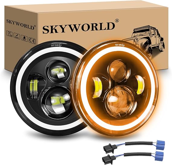 SKYWORLD 2 Pcs Round LED Headlights, 7 Inch LED Headlamp with Amber Halo | Turn Signal White DRL High/Low Beam 4 LEDs 50W Angle Eyes Compatible with Wrangler JK LJ CJ TJ Motorbike Motorcycle