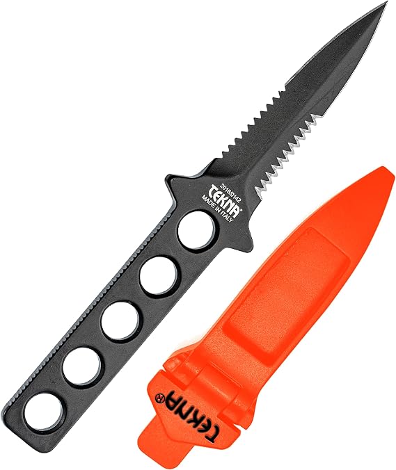 Tekna Ocean Edge Dive Knife, Point Tip, Scuba Gear, Black Blade | Includes Orange Sheath And Adjustable Leg Strap For Secure Carry, Quick Access, And Controlled Underwater Cutting Tasks