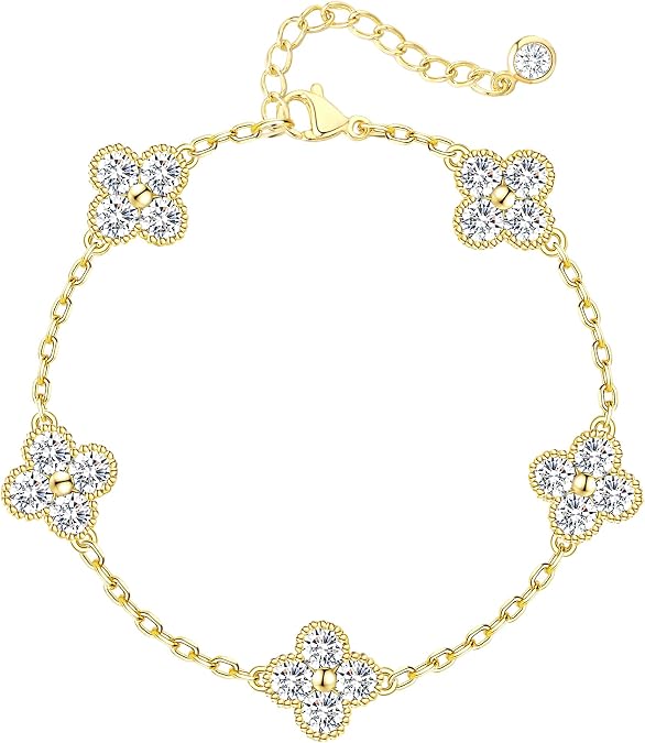 Honsny Gold Birthstone Clover Bracelets for Women Trendy Non Tarnish 14K Gold Plated Dainty Diamond Charm Stackable Bracelets for Women Waterproof Jewelry for Women Best Friend Birthday Gift