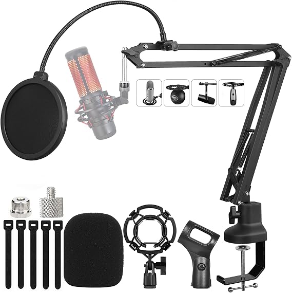 Heavy Duty Adjustable Boom Arm Microphone Stand | Includes pop filter, mic mounts and 1/4", 3/8", 5/8" adapters; compatible with Blue Yeti and HyperX QuadCast for broadcast.