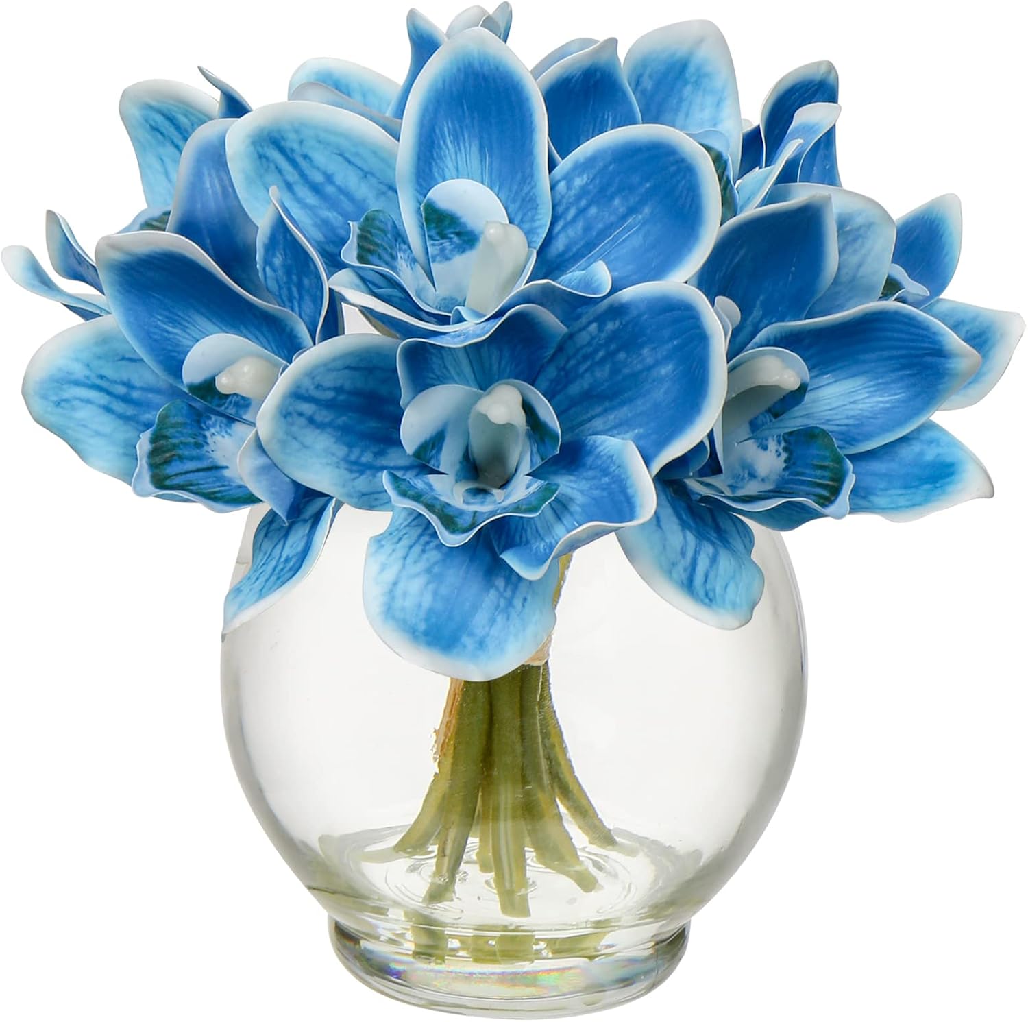 Oairse Artificial Orchid Flowers in Vase Real Touch Blue Faux Cymbidium Orchid Arrangement with Glass Vase Fake Water Decorative Artificial Flowers for Home Decor Table Centrepiece Living Room Office
