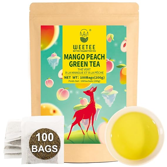 WT WEETEE Mango Peach Green Tea Bags 100 Count, Flavored Steam Green Tea, Natural Mango & Peach Flavoring, No Add Sweeter | Fruity & Refreshing Hot or Iced Tea