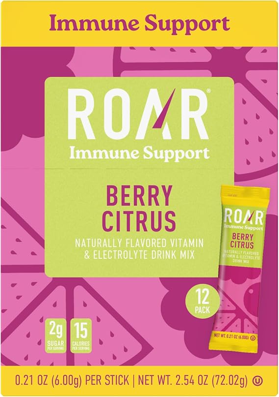 ROAR Immune Support Powder - Hydration Packets with Zinc and Elderberry - Electrolytes Powder - No GMOs, Gluten Free - Berry Citrus - 12 pc
