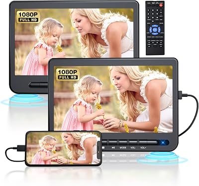 DESOBRY 10.5 Portable DVD Player for Car,5-Hour Car DVD Player Dual Screen with 1080P HDMI Input AV Input USB Port, Region Free, Mounting Bracket, Remote Control1 Player1 Monitor