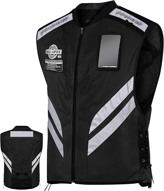 High-Visibility Reflective Motorcycle Vest - Fluorescent Black, Adjustable Fit, Breathable Mesh, Removable Back Pad