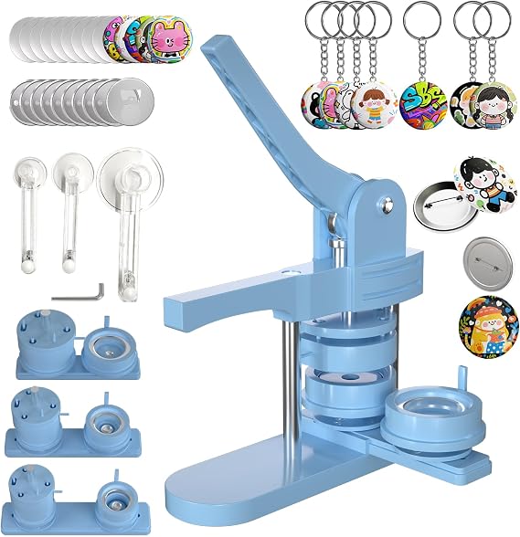 Pin Maker, Button Maker Machine Multiple Sizes (1+1.25+2.25'') with 300 Buttons, 30 Fridge Magnets, 10 Bottle Openers, 10 Keychains, 3 Circle Cutters, Button Badge Makers (353 Pcs, Blue)