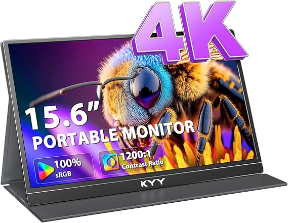 KYY 4K Portable Monitor for Laptop, Travel Monitor w/Smart Cover | 15.6'' Portable Laptop Screen UHD 3840x2160,100% sRGB, 400 Nits, IPS Travel Monitor w/Speakers for Xbox PS5 Switch PC Phone