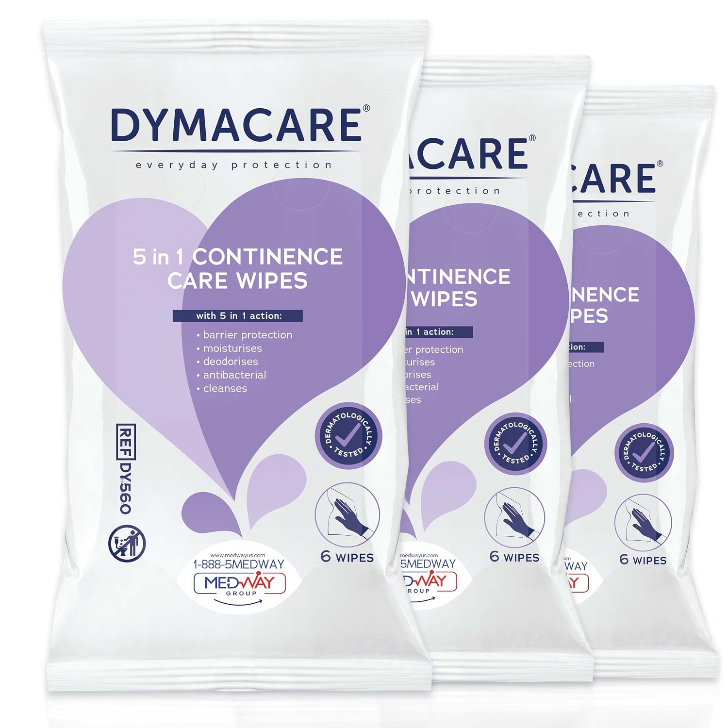MedVance DYMACARE 5 in 1 Continence Care Wipes, Adult Premium Incontinence Wet Wipes, Scented and Moistened Personal Skin Cleansing Cloths with Barrier Protection, 6 Count Pack of 3