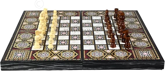 Traditional Wooden Backgammon Set, 20 Inch Mother of Pearl Design, Handmade Board Game with Dice Set, Classic Family Entertainment (Chess & Backgammon Set with Dices and Chess Pieces)