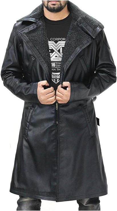 Real Leather Duster Trench Coat for Men - Black Knee-Length Jacket with Fur Collar
