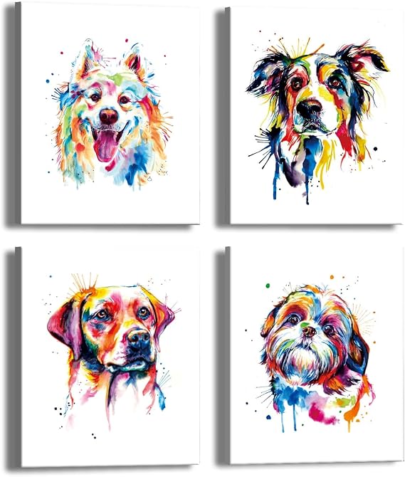Framed Colorful Watercolor Dog Wall Art Set of 4, 8x10 Inch