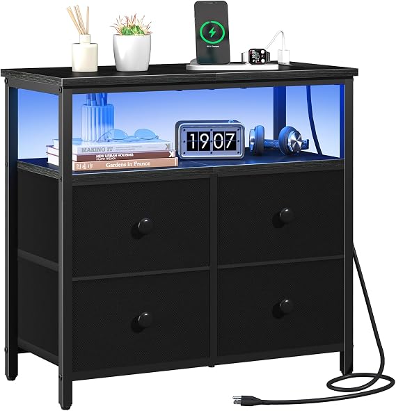 Yoobure Wide Night Stand with Charge Station, LED Nightstand with 4 Drawers