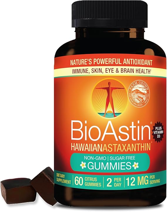 Nutrex Hawaii BioAstin Hawaiian Astaxanthin - Vegan - 12mg High Potency, 60 Citrus Gummies - Antioxidant Support for Skin & Immune Health - Premium Microalgae Grown in Kona - Non-GMO & Gluten-Free