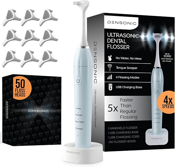 Water-Free Electric Flosser, 4 Settings, 50 Heads, Celeste Blue