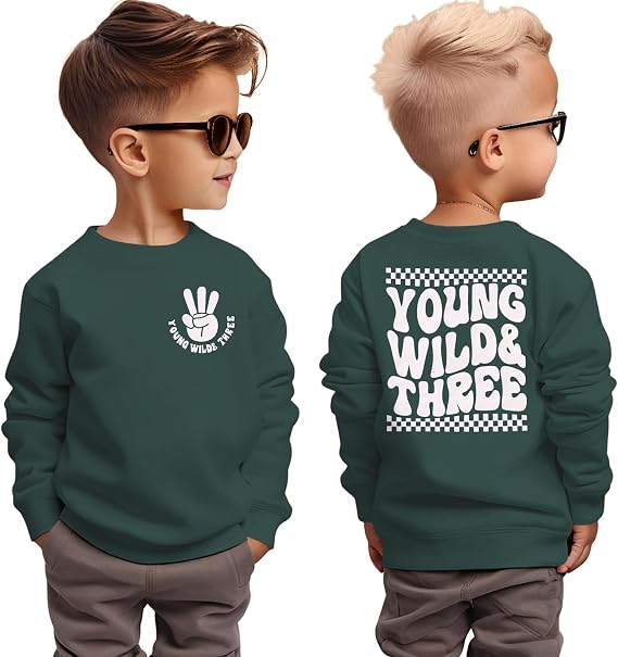 BOUTIKOME Young Wild and Three Birthday Boy Sweatshirt 3 Year Old Boy Pullover Third B-Day Party Shirt Fall Long Sleeve Tops