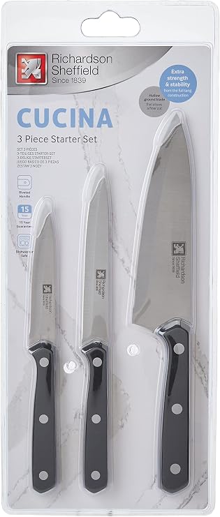 Richardson Sheffield Cucina 3-Piece Knife Starter Set – Black Handles, Stainless Steel Blades – Paring, All-Purpose & Cook’s Knife – Essential Kitchen Cutlery Set