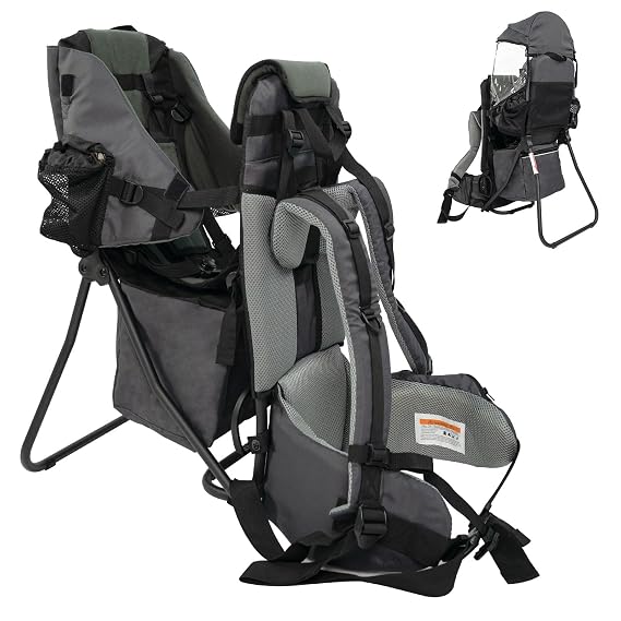 Baby Backpack Carrier for Hiking, Toddler Hiking Backpack with Rain & Sun Hood Adjustable Straps & Waist Belt Ergonomic Child Carrier Foldable Frame Lightweight Large Capacity for Outdoor Travel