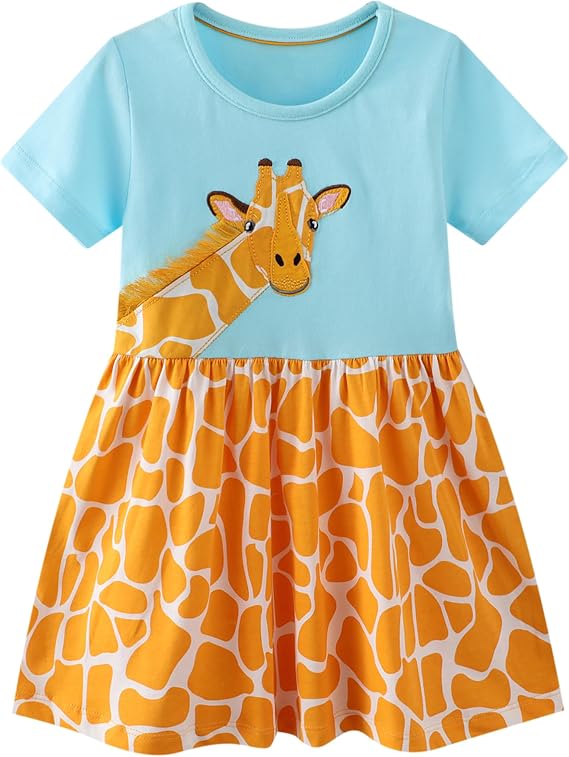 Hongshilian Toddler Girl Cotton Casual Dress Cartoon Appliques Short Sleeve Tunic Jersey Clothing