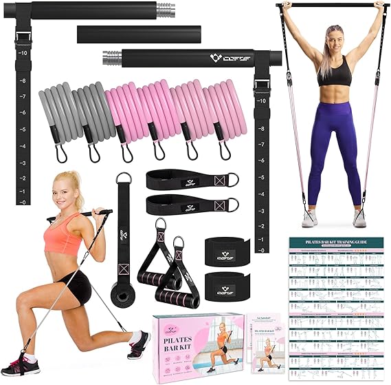 Pilates Bar Kit with Resistance Bands, Multifunctional Yoga Pilates Kit | Heavy-Duty Metal Adjustment Buckle, Portable Home Gym Pilates Resistance Bar Kit for Women Full Body Workouts