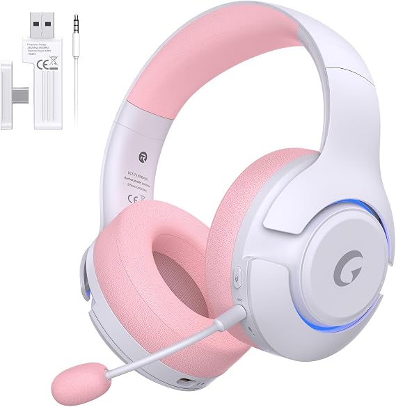 syndesmos Wireless PS5 Headset, 2.4GHz Gaming Headset for PS5, PC, Switch, Bluetooth 5.3 Headphones with Noise Canceling Mic, 7.1 Surround Sound, Low-Latency, 45H Battery, Pink