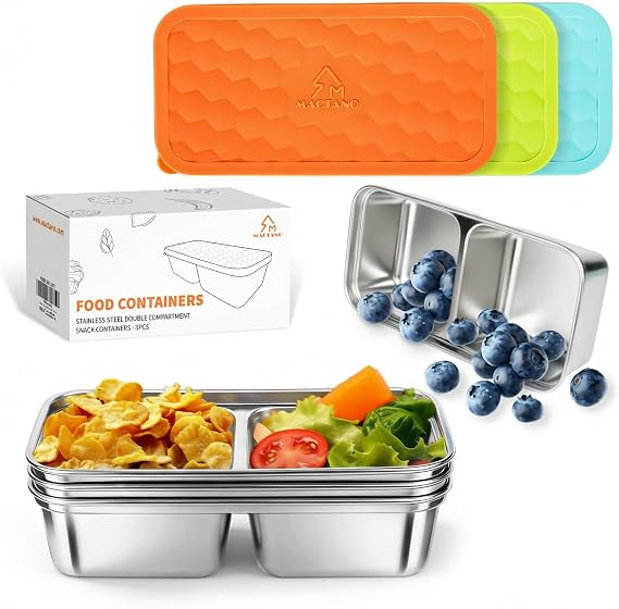 MACTANO 3 Pack Stainless Steel Snack Containers, 15oz Double Compartment | 304 Stainless Steel, BPA-Free, Leakproof Lid, Dishwasher Safe, School Lunch, Office, Travel, Meal Prep, Food Storage