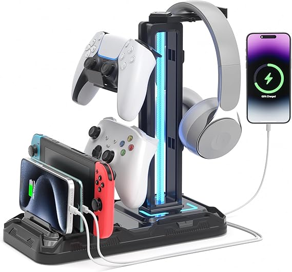 KDD Headset Stand with Charging Station - Detachable Headset Controller Holder Stand with 9 Light Modes, Rotatable Headphone Hanger with USB Charging Ports for PC Gaming Accessories Storage (Black)