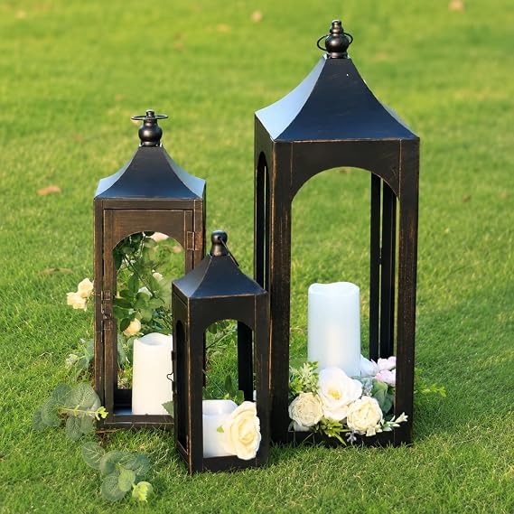 NEEDOMO Lanterns Decorative Indoor&Outdoor, Set of 3 Outdoor Lanterns for Porch, 26" Metal Frame Candle Holders with LED Candles, Fall, Christmas