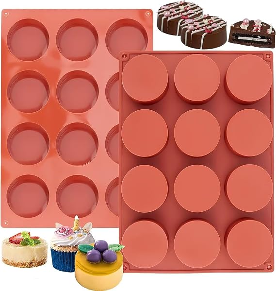 2PCS Round Cylinder Silicone Moulds - 12-Cavity Baking Mould for Cheesecakes, Chocolate Cookies, Bath Bombs & Cake Pops, Non-Stick Dessert Maker (Food Grade, Dishwasher Safe) (Brick RED)