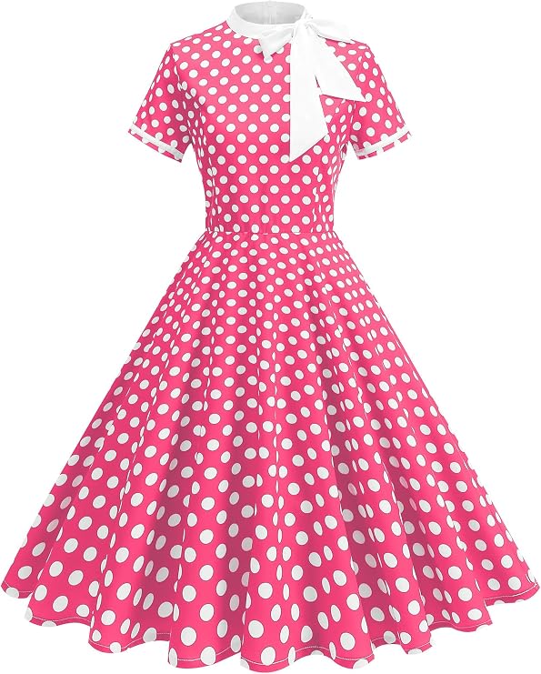 IKADEX Women's Vintage Polka Dot Dress 1950s Tie Neck Retro Short Sleeve Cocktail Swing A-Line Summer Dresses