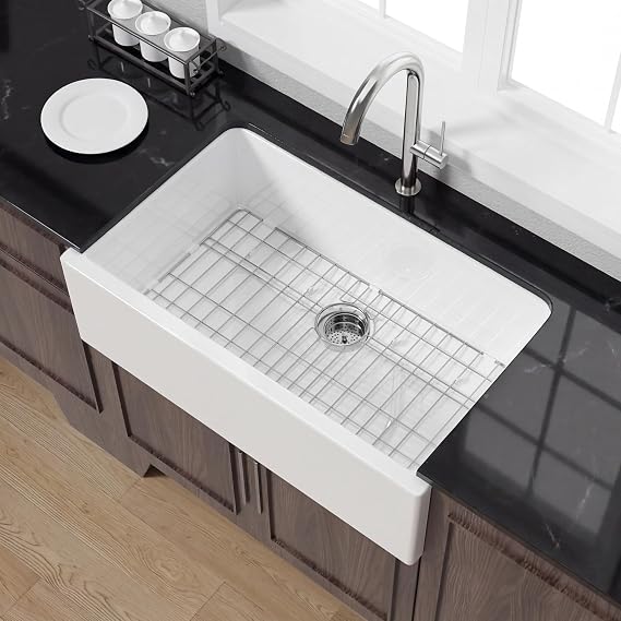 Miuara 33 x 20 Inch Self-trimming Farmhouse Kitchen Sink White Apron Front | Fireclay large single bowl apron front farm sink for kitchen, Resistant to stains,chipping,heat & scratch