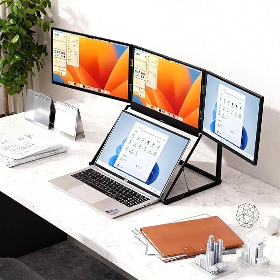 Portable Triple Monitor for Laptop, 15.6" portable Foldable Triple Monitor, Three Independent Screens Support Simultaneous Tasks, Compatible with Windows with 360° Rotation Adjustable Viewing Angles