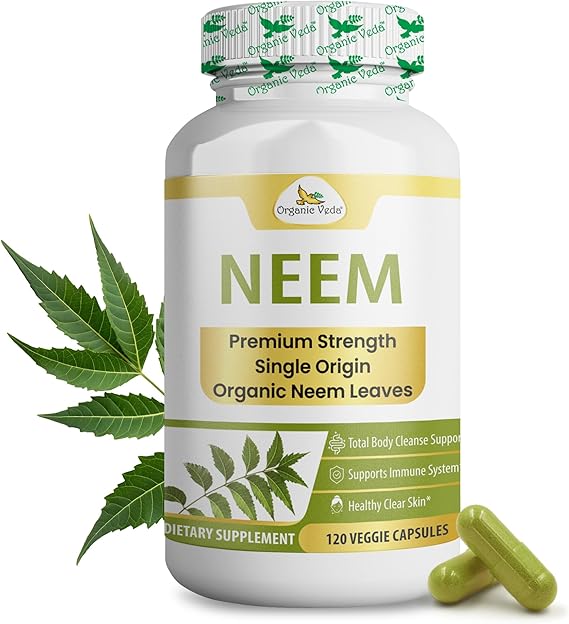 Organic Veda Neem Capsules Herbal Supplement for Clear Skin, Immune & Gut Health For Men & Women - Single Origin True Green Neem Leaf Powder - Purifying & Cleansing Ayurveda Herb, 120 Vegan Capsules